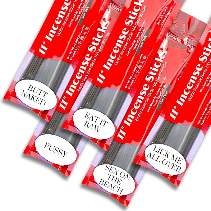 Exotics Scents 11'' Incense Sticks - Variety Set 500 Pack - 11 inch - 5 Bundles 100 Sticks Per Fragrance Scent. Set Features Butt Naked, Eat it Raw, Lick Me All Over, Pussy, Sex on The Beach AromaDepotInc