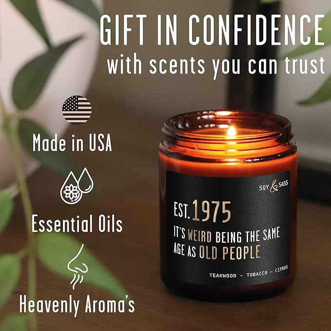 50th Birthday Gifts for Him/Her - 'Weird Being The Same Age as Old People' Soy Candle, w/Teakwood & Tobacco I 50th Birthday Gifts for Men/Women I 1975 50 Year Old Gift for Men I Made in USA - Bloomnest