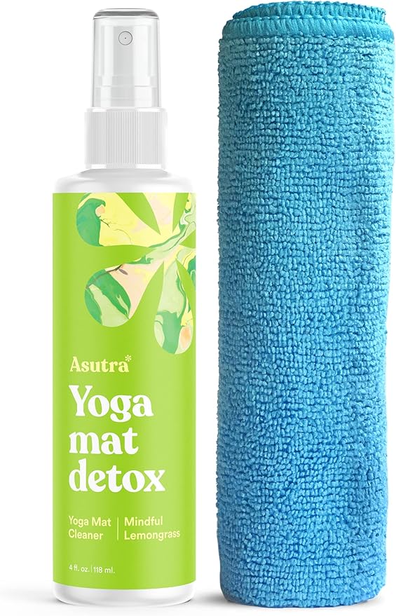 ASUTRA Yoga Mat Cleaner Spray (Mindful Lemongrass), 4 fl oz - No Slippery Residue, Organic Essential Oils Deep-Cleansing for Fitness Gear & Gym Equipment, Microfiber Towel Included - Bloomnest
