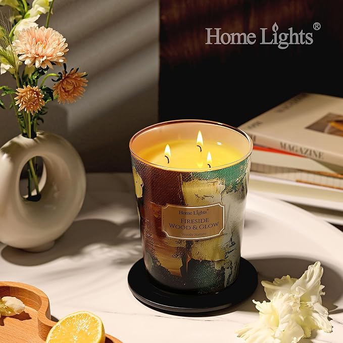 HomeLights 3-Wick Candles for Home Scented - 34oz Soy Wax Blend Candle Long-Lasting Fragrance, Industrial Chic Home Decor and Housewarming Gifts, Fireside Wood & Glow - Bloomnest