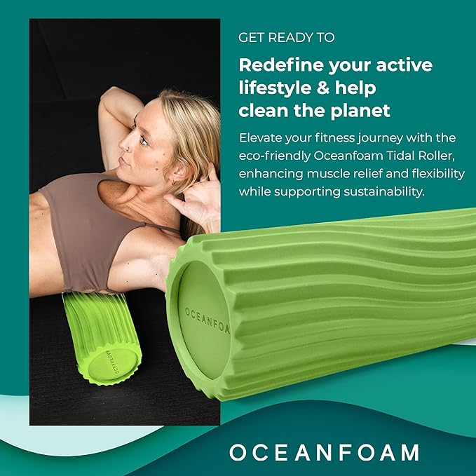 Oceanfoam Tidal Roller - Algae Green - Muscle Massage Foam Roller for Back Pain & Stretching - Firm and Ergonomic Wide Wave Textured - Yoga, Athletics, & Wellness - Full Size, 20" x 5"