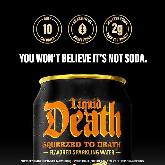 Liquid Death Soda-Flavored Sparkling Water - Squeezed To Death (Classic Orange Soda), Less Sugar*, Huge Flavor, No Caffeine, No Artificial Sweeteners, 12 Fl Oz (Pack of 12) - Bloomnest