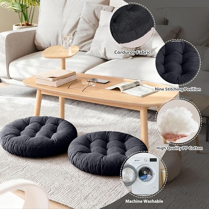 Tiita Floor Pillows Cushions Round Chair Cushion Outdoor Seat Pads for Sitting Meditation Yoga Living Room Sofa Balcony 22x22 Inch, Black