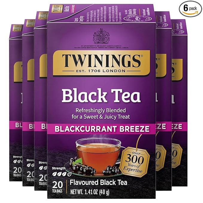 Twinings Blackcurrant Breeze Black Tea Individually Wrapped Bags, 20 Count (Pack of 6), Sweet, Tangy Taste, Caffeinated, Enjoy Hot or Iced, 120 Teabags - Bloomnest