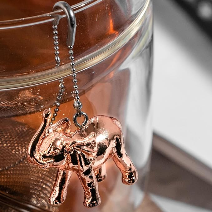 Elephant Tea Infuser Stainless Steel with Rose Gold Charm - Animal Tea Ball Strainer, Cute Reusable Loose Leaf Infuser w/Clip Chain & Glass Holder Gift for Tea Lovers