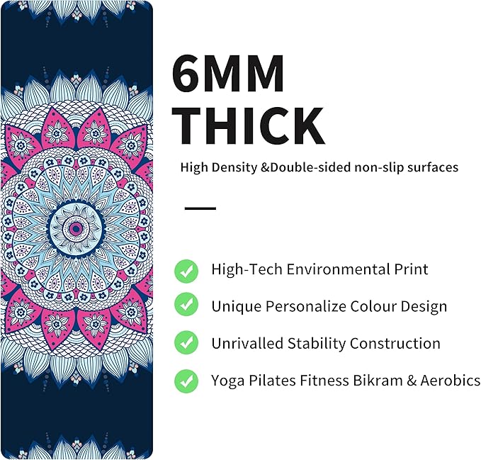 nuveti Yoga Mat Print Extra Thick TPE Non Slip Fitness Exercise Mat with Carrying Bag,72"x24" Extra Thick 6MM Exercise & Workout Mat for Yoga, Pilates Fitness and Floor Exercises - Bloomnest
