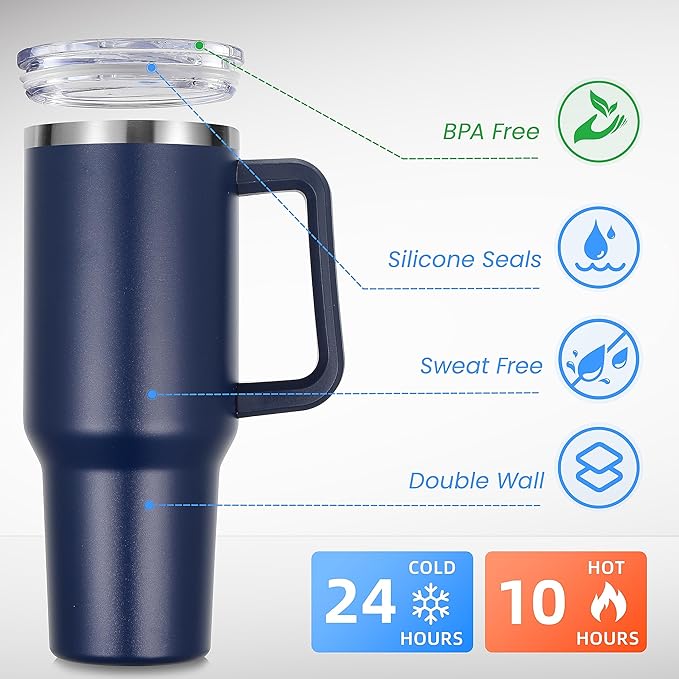 DOMICARE 40 oz Tumbler with Handle and Straw, Stainless Steel Tumbler with Lid and Straw, Reusable Vacuum Insulated Cup, Travel Coffee Mug, Navy Blue, 1Pack - Bloomnest
