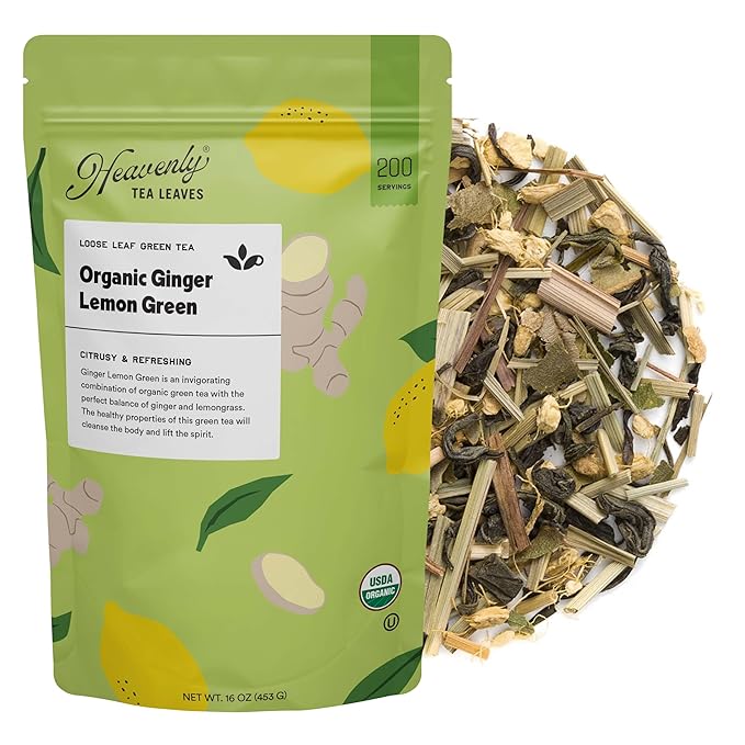 Heavenly Tea Leaves Organic Ginger Lemon Green, Bulk Loose Leaf Green Tea, 1 Lb. (Approx. 200 Servings) - Great Hot or Iced Tea, Health Support - Bloomnest