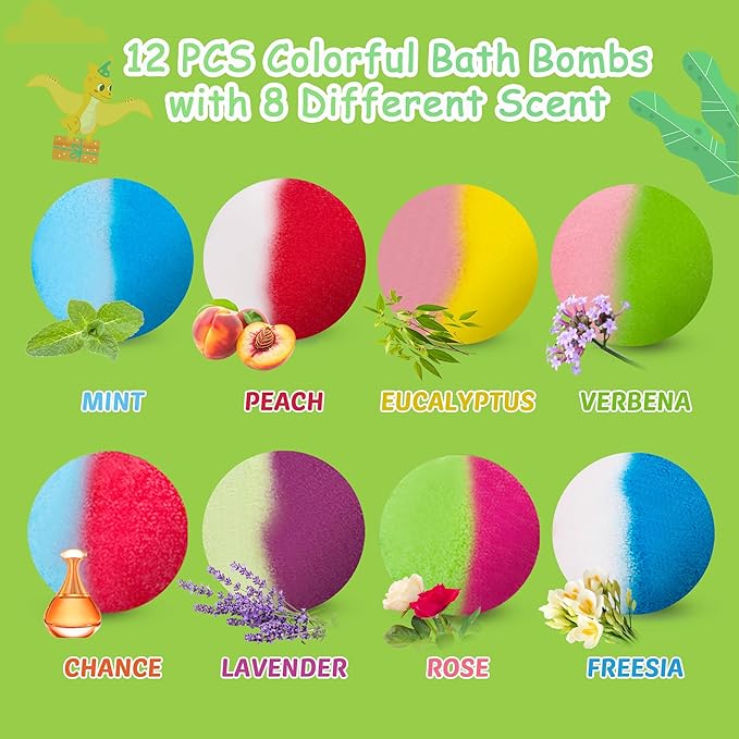 Bath Bombs for Kids, 12 Pcs Bath Bombs with Glow in The Dark Dinosura Surprise Inside, Handmade Organic Bubble Bath Ball Gift Set for Boys and Girls, Gift for Birthday Christmas Easter - Bloomnest