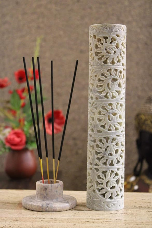 Carry Me Marble Soapstone Incense Stick Holder | Candle Burner | Tea Light Holder - Perfect Handmade Floral Carving for Gifting. Decorative Home and Office Decor.(3 x 3 x 11 Inches) - Bloomnest