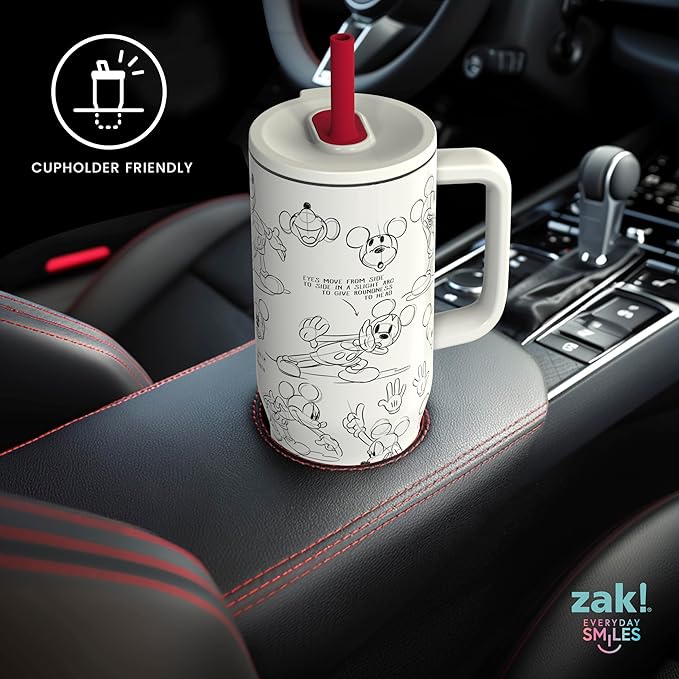 Zak Designs Disney Sutton Travel Tumbler for On the Go, 30oz Stainless Steel with Vacuum Insulation, Silicone Straw, and Carry Handle for Cold Drinks (Mickey Mouse Sketch) - Bloomnest