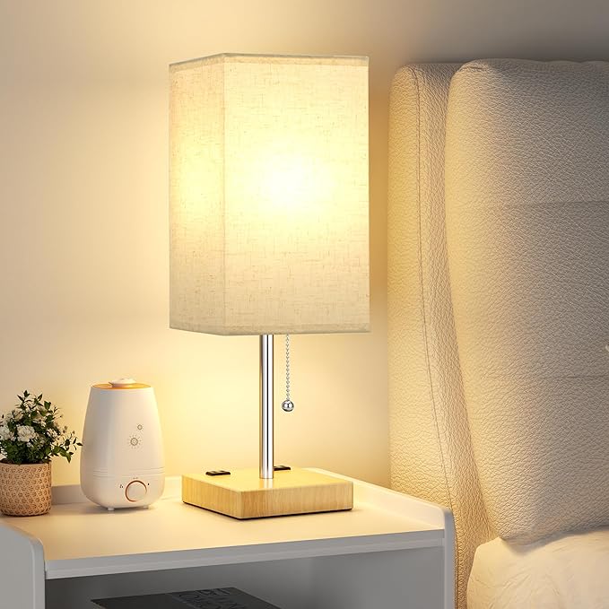 aooshine Wood Grain Small Table Lamp for Bedroom - 3 Color Temperature 3000K 5000K 4000K Bedside Lamp, Pull Chain Control, USB A and C Ports, Bulb Included - Bloomnest