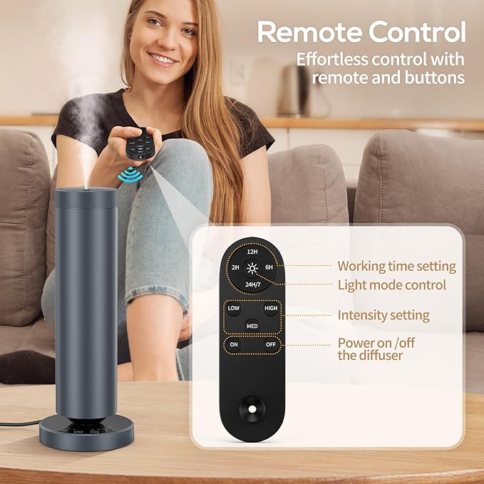 Waterless Diffuser with 108ML Essential Oils, Covers 1000 Sq Ft, Diffusers for Home Hotel, Adjustable Mist & Timer, Scent Diffuser Starter Kit with Night Light, Corded Electric,Grey - Bloomnest