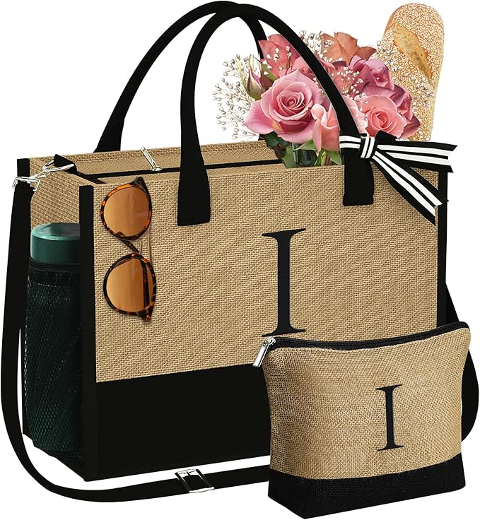 YOOLIFE Valentines Day Gifts for Her - Initial Jute Tote Bag & Makeup Bag, Birthday Gifts for Women Teacher Mom Wife Friend - Bloomnest