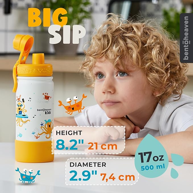 Bentoheaven Kids Water Bottle Stainless Steel for Boys & Girls, 2 Lids (Chug & Straw), Handle & Silicone Boot, Reusable Metal Leak-proof Insulated Tumbler, School & Sports 17oz (Orange) - Bloomnest