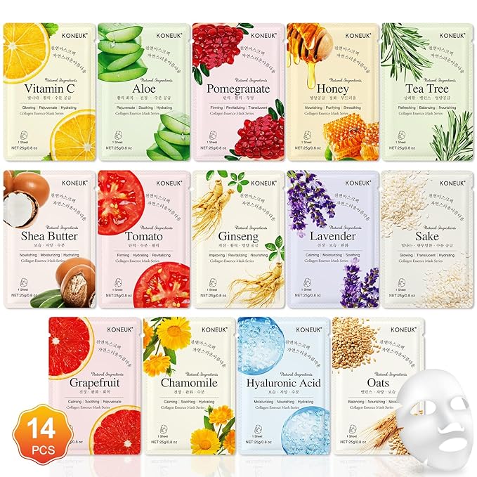 14 Pack Sheet Face Masks Skincare, Hydrating Face Masks Suitable for Dry Skin, Bulk Facial Mask Set for Women Skin Care, Face Mask Gifts Set for Face Spa - Bloomnest