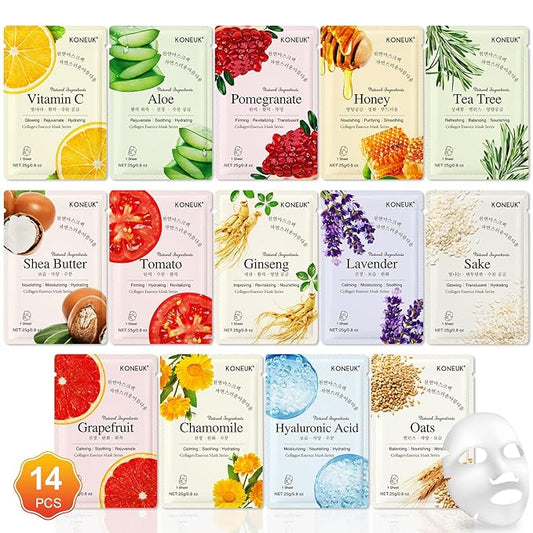 14 Pack Sheet Face Masks Skincare, Hydrating Face Masks Suitable for Dry Skin, Bulk Facial Mask Set for Women Skin Care, Face Mask Gifts Set for Face Spa - Bloomnest