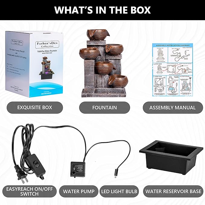 Indoor Fountains and Waterfalls from 5-Tiered Pots-12”H Tabletop Water Fountain-Desk Fountain-Office Decor with Audible Calming Waterfall Sounds-Zen Fountain with Color Lights - Bloomnest
