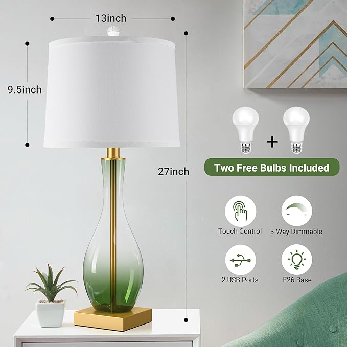 3-Way Dimmable Modern Glass table lamp for Living Room, Green Table Lamps Set of 2 with Touch Control, USB C and A Charging Ports, 27" Bedside Desk Lamps for Nightstand Decorations(LED Bulbs Included) - Bloomnest