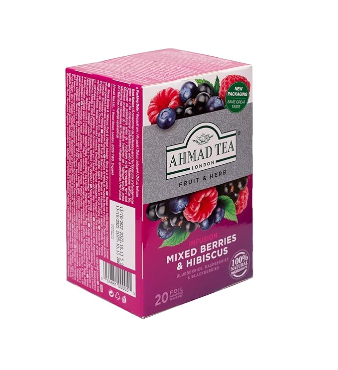 Ahmad Tea Herbal Tea, Mixed Berries & Hibiscus Teabags, 20 ct (Pack of 1) - Decaffeinated & Sugar-Free - Bloomnest