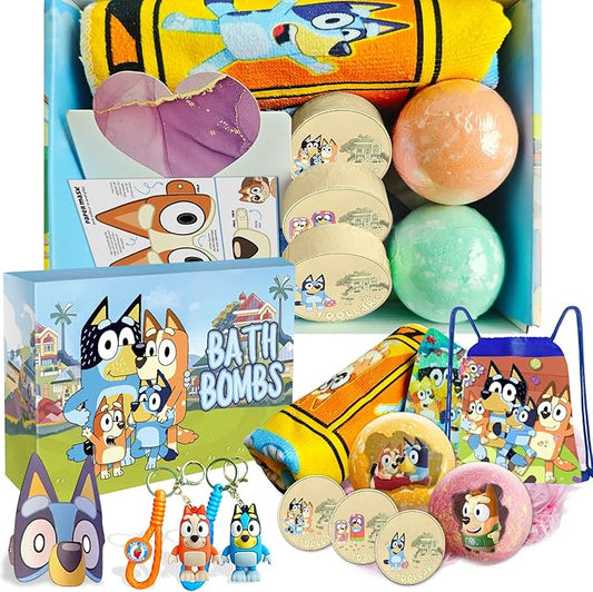 The Blue Heelers Gifts Set: Bath Bombs with Toys Inside, Shower Steamers, Mask Craft, Keychain, Drawstring Backpack, Towel, Blanket, Sticker, Poster, Gift Card, Birthday Gifts for Kids Boys Girls - Bloomnest