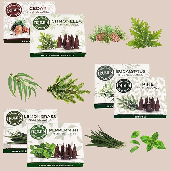 TRUMIRI Leafy Incense Cones - Variety Pack - Total 60 Cone Incense (6 Scents x 10 Conos) - Citronella Lemongrass Eucalyptus Peppermint Cedar Pine - Cone Incense Scents - Insense Cones - Incent Cone