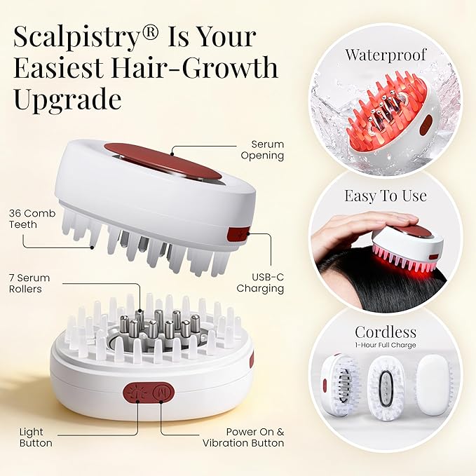 7-1 Red Light Hair Brush Comb | Vibrating Electric Red Light Scalp Massager + Oil Applicator for Fuller-Looking Hair Care | Scalp Massage for Head Spa | Portable, Cordless & Waterproof Scalpistry