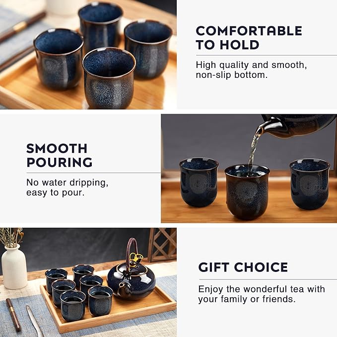 DUJUST Japanese Tea Set for 6, Kiln Altered Glaze Porcelain Tea Set with 1 Teapot, 6 Tea Cups & 1 Tea Tray, Unique Chinese Tea Sets for Adults/Tea Lovers/Women/Men, Dark Blue - Bloomnest