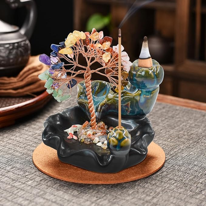 MrMrKura Backflow Incense Burner, Ceramic Incense Waterfall Burner with 7 Chakras Healing Crystals Tree Fountain Incense Holders for Yoga Meditation Home Decor - Bloomnest