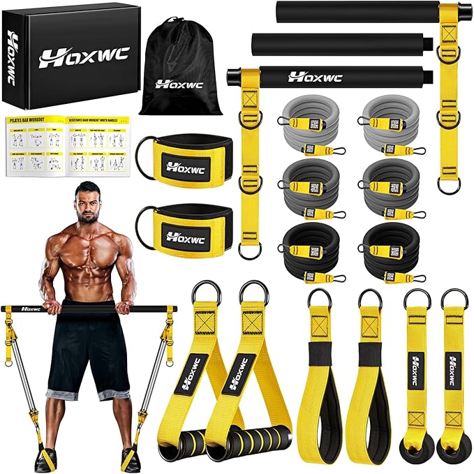 Pilates Equipment, Portable Pilates Bar Kit with Resistance Bands, Professional Adjustable Heavy Duty Squat Workout Equipment for Men, Home Gym Muscle Strength Training, Full Body Exercise - Bloomnest
