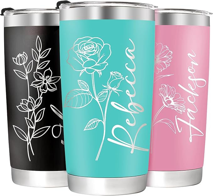 Personalized Tumbler with Name & Birth Flower Month, Custom Coffee Tumbler Stainless Steel Travel Mug Cup 20 Oz Personalized Gifts for Birthday Christmas Anniversary for Dad Mom Kids - Bloomnest