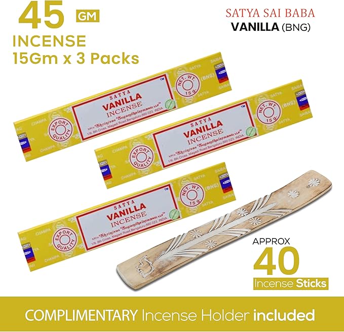 Satya Nagchampa Vanilla Incense Sticks, Satya Bng (Bangalore) Insenses 15gmx3 Pack (45 GMS) with Raajsee Incense Holder Bundle, Satya Nagchampa Natural Incense - Bloomnest