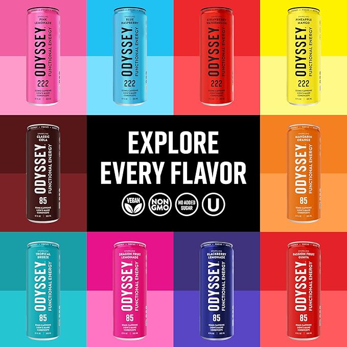Odyssey Functional Energy Drink for Focus, Cognition & Mood Support 12 Pack - Adaptogenic Drink with 85mg Green Tea Caffeine, Lions Mane, Cordyceps, L-Theanine & Ginseng, Sparkling Blackberry Lemonade - Bloomnest