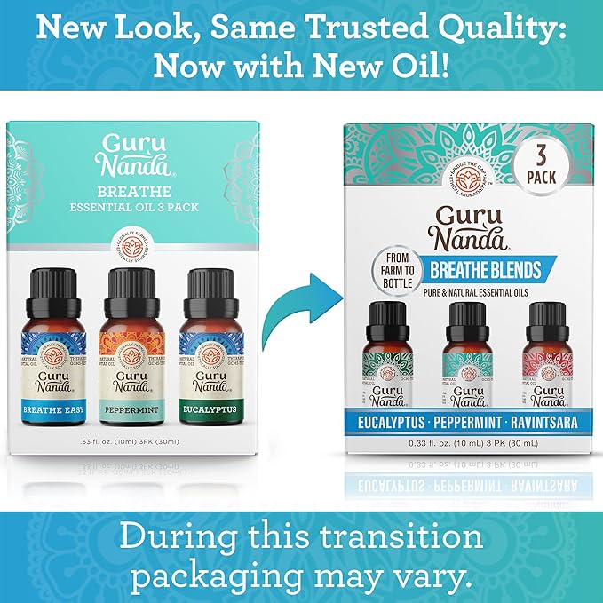 GuruNanda Breathe Essential Oil Set (Pack of 3 x 0.34 Fl Oz) - 100% Pure, Natural & Undiluted Diffuser Oils for Aromatherapy - Helps Support Clear Breathing - Suitable for Massages & DIY Recipes - Bloomnest