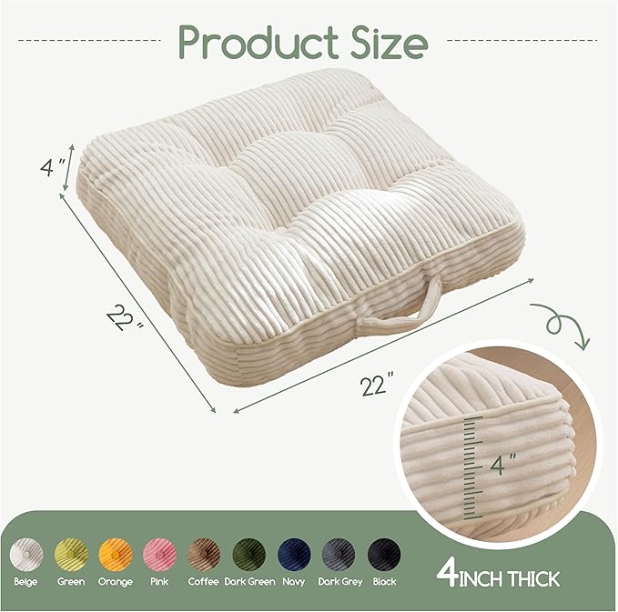 HIGOGOGO Washable Floor Pillow Cushion for Adults, Meditation Cushion Pillow, Large Square Floor Sitting, Removable Tufted Corduroy Cover, for Tatami Living Room or Yoga, 22x22 Inch, Machine Washable - Bloomnest