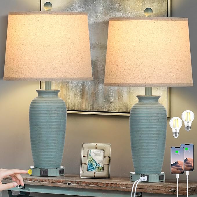 25" Farmhouse Jar Table Lamps Set of 2, 3 Way Touch Control Rustic Bedside Lamps with USB A+C Ports & AC Outlet, Pot Nightstand Lamps for Bedroom Living Room (LED Bulbs Included) - Bloomnest