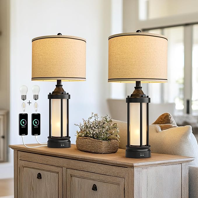 25'' Table Lamps for Bedroom Living Room Lamps Set of 2 Farmhouse Nightstand Bedside Lamps with USB Ports, Built-In Frosted Glass Night Light Industrial Metal Night Stand Lamp, Bulbs Included, Black - Bloomnest