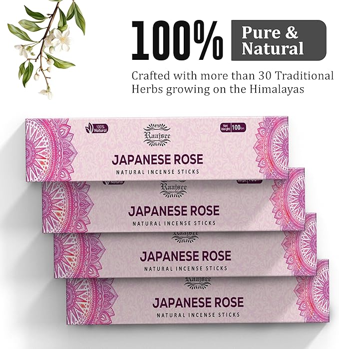 Raajsee Japanese Rose Incense Sticks (180 gm), 100% Pure Organic Natural Hand Rolled Free from Chemicals- Perfect for Aromatherapy, Cleansing, Meditation, and Church (Pack of 12) - Bloomnest