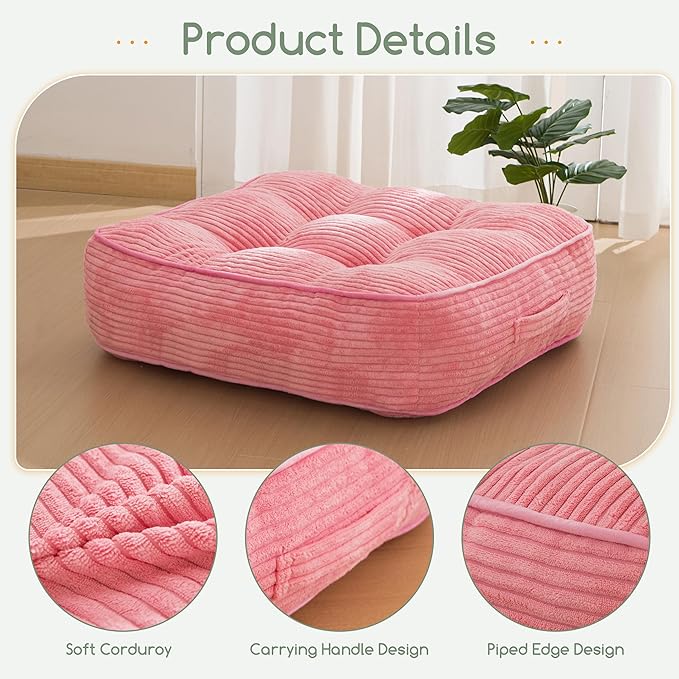 6" Washable Floor Pillow Cushion for Adults, Meditation Cushion Pillow, Large Square Floor Sitting, Removable Tufted Corduroy Cover, for Tatami Living Room or Yoga, 22x22 Inch, 2Pack, Machine Washable - Bloomnest