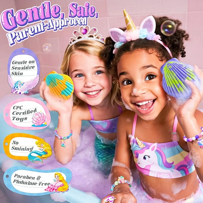 Shell Bath Bombs for Girls – 12 Pack Child-Safe Aromatherapy Bath Bombs with 20 Surprise Toys Inside, 6 Fruity Scents in 2 Gift Boxes (Mermaid & Unicorn Themes), Christmas Gift for Kids - Bloomnest