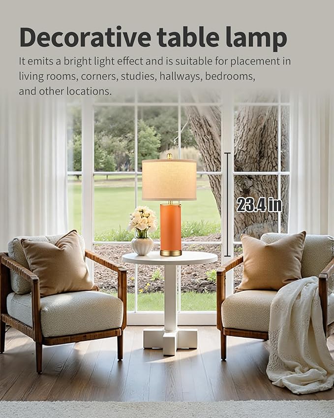 KDG 23.4" Orange PU Leather Table Lamps for Living Room Set of 2, 3 Level Brightness LED Modern Home Decor Fabric Lampshade Desk Lamp Lighitng for Bedroom, Bedside, Farmhouse, Nightstand, Night Light - Bloomnest