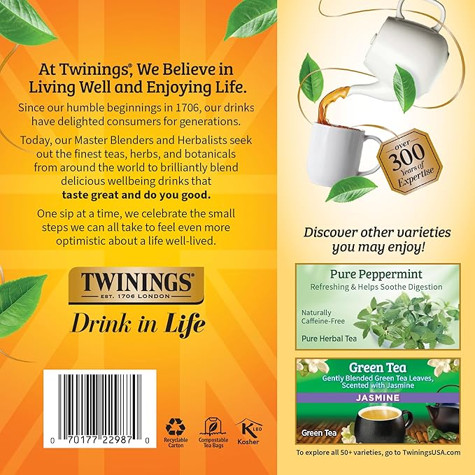 Twinings Lemon & Ginger Herbal Tea Individually Wrapped Bags, 100 Count (Pack of 1), Tangy Lemon, Spicy Ginger, Naturally Caffeine-Free, Enjoy Hot or Iced, 100 Teabags - Bloomnest