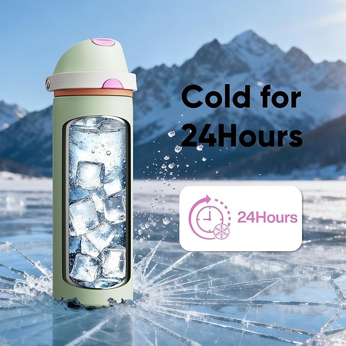 Insulated Water Bottle with Straw - Encool Stainless Steel Water Bottle with Push Button Lid, Leak-Proof & BPA-Free, Keeps Cold for 24 Hours for Sports, Travel, Gym (24 oz, Geyser Green) ENCOOL