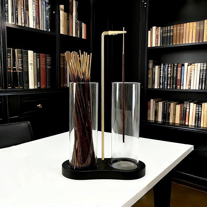 Glass Incense Holder, Black Incense Sticks Burner Holder with Storage,Hang Upside Down Incense Holder for Sticks with Glass Ash Catcher for Meditation Yoga Spa Room Decor (Black) - Bloomnest