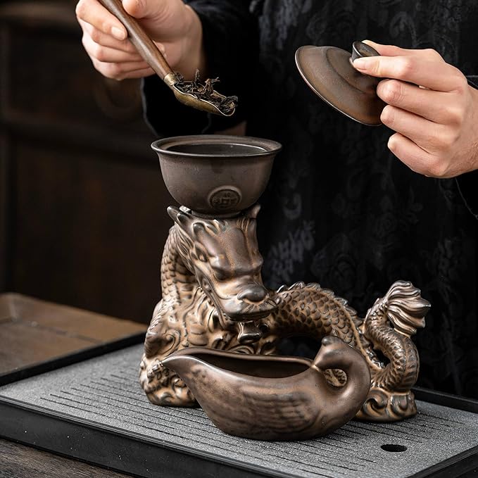 Kungfu Tea Sets Ceramic Teapot with Infuser Loose Leaf Tea Teapot with 8 cups (Antique Brass Dragon- C) - Bloomnest