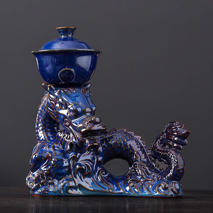 Semi Automatic Tea Set Ceramic Teapot with Infuser Magic Teapot with 8 cups Gradient Color (Dark Blue Dragon-C) - Bloomnest