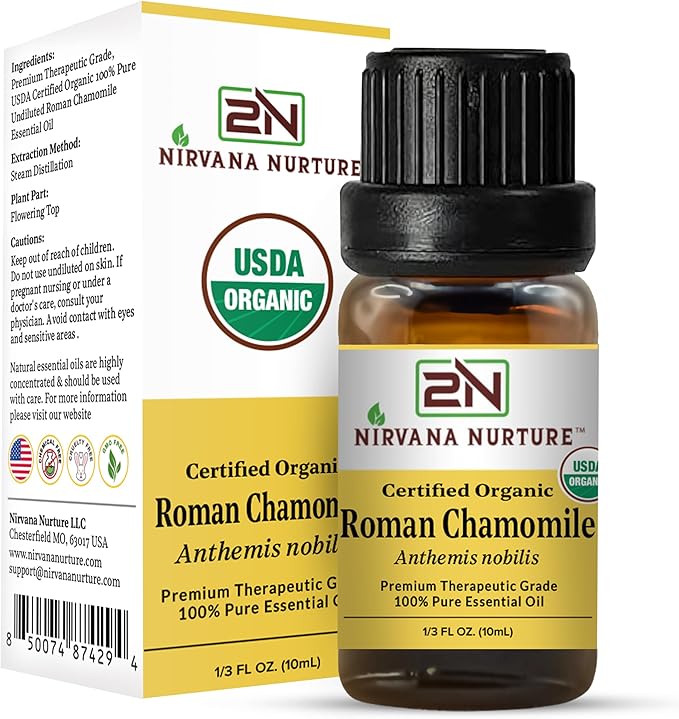 Roman Chamomile Essential Oil, USDA Certified Organic, 100% Pure Undiluted, Aromatherapy Oil for Diffuser, Hair & Skin Care NirvanaNurture