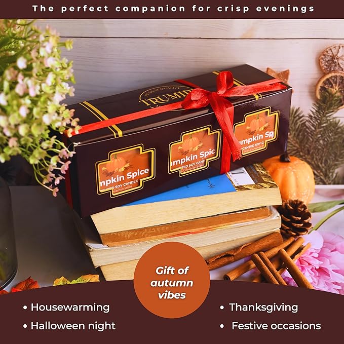Pumpkin Spice - Cinnamon Soy Candles for Home Scented - for Fall Halloween Thanksgiving Holidays - Pack of 3 x 5oz Natural Clean Non Toxic Long Lasting Highly Scented Candels with Essential Oils TRUMIRI