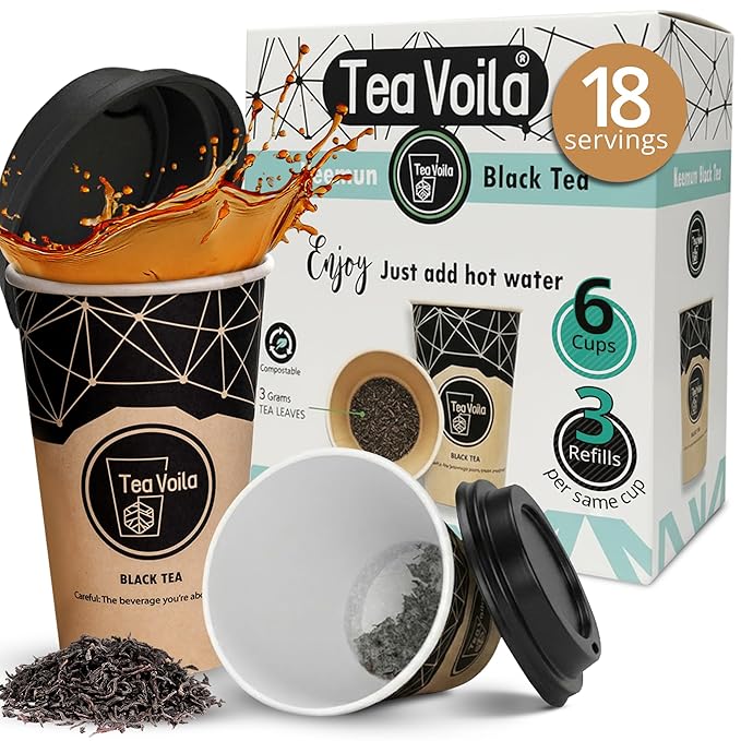 TeaVoila Instant Brew Tea in A Cup - Organic Loose Leaf Black Tea – Tea Infuser Built In Biocompostable 6 Cups, Each Refillable 3x, 18 Servings in Total – No Tea Bags Needed, For Office & Travel