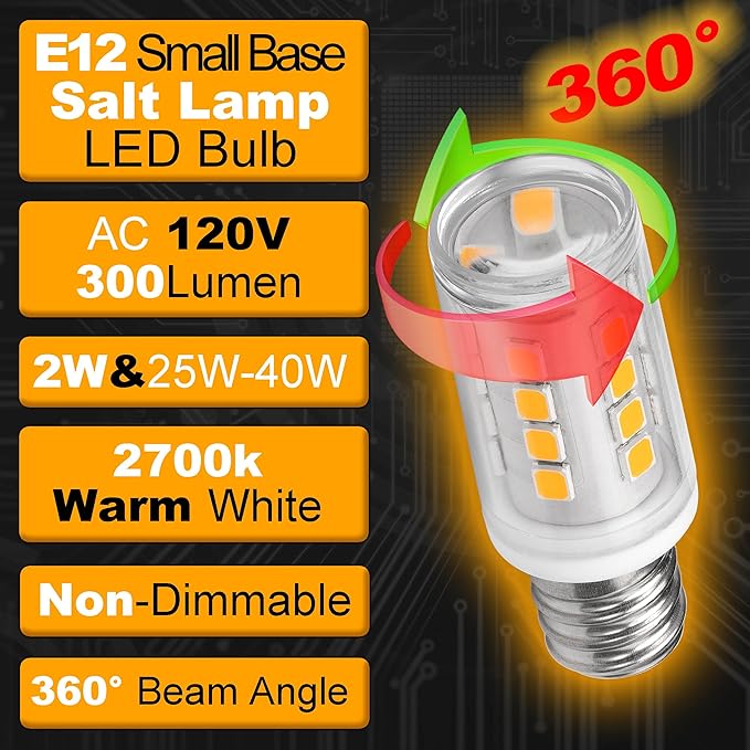 2W C7 E12 LED Salt Lamp Replacement Bulb 300lm Warm White 2700K 120V E12 Candelabra Base for 25W-40W Himalayan Salt Lamp Night Light Chandelier Christmas Lighting Dryer Refrigerators Bulb, 2 Pack - Bloomnest